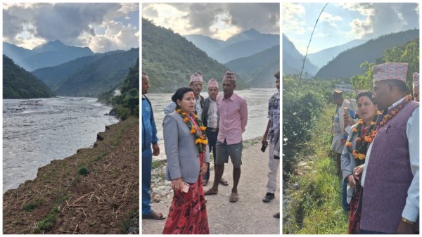 सानीभेरी नदीको कटानले कुनाखेत बस्ती जोखिममा, मन्त्री रोकाद्वारा स्थलगत अनुगमन